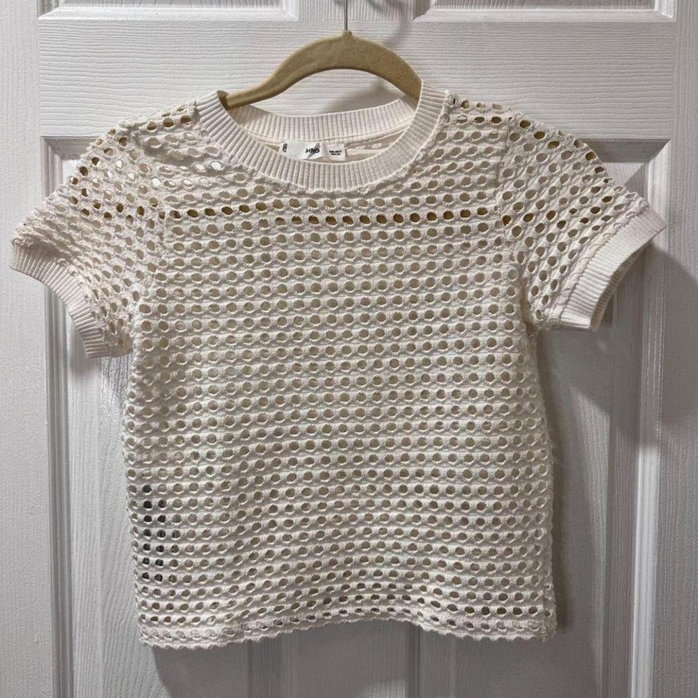 MNG Cream Open Knit Short Sleeve Sweater Top Summer Crochet Beach Cover Up-SZ -S